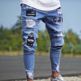 Men's Jeans Four Seasons Youth Fashion Tight Stretch Pencil Pants Denim Cotton Frayed Sports Letters Trousers Badge 230113