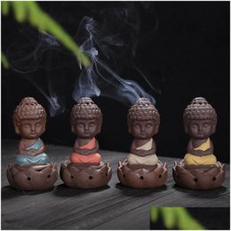 Fragrance Lamps Little Monk Thurible Decorative Gifts Ceramic Purple Sand Buddha Incense Burner For Home Decor Arts And Crafts 4 Col Dhq4N