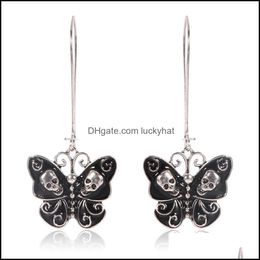 Charm Personality Earring Individual Creativity Black Butterfly Wings Inlaid With Skls Long Pendant Earrings Gifts For Women Jewelry Otns1