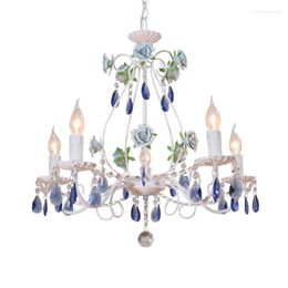 Chandeliers French Royal Blue Crystal Chandelier Led Lighting For Dining Room Restaurant Ceramic Rose Hanging Lamp Children Bedroom Lustre