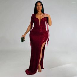 Plus Size Dresses Sexy Sequined Tassel Bodycon Party Dress For Women V Neck Backless Split Full Length Club Vestidos Christmas Gowns2023