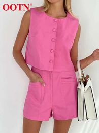 Two Piece Dress OOTN Summer Office 2 Pieces Pink Shorts Sets Elegant O-Neck Button Vest Casual Holiday Outfit High Waist Shorts Women Suits 2022 T230113