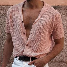 Men's Casual Shirts 2023 Summer Men's Knitted Shirt Cool Silk Fabric Short Sleeve Buttons Thin Loose For Men Vintage Mens Clothing Tops