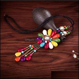 Chokers Bohemian Turquoise Handwoven Short Necklace Chain Women Pendant Waterproof Wax Wire Copper Female Bell Fashion Drop Delivery Ottjc