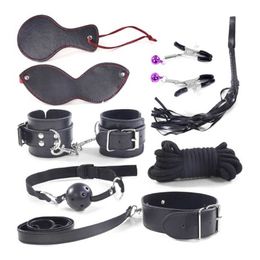 Beauty Items A6HF 8pcs Erotic Restraint Set Handcuffs Ankle Bondage Cuffs Collar Blindfold Whip Couples Foreplay Flirt Bdsm SM sexy Toy