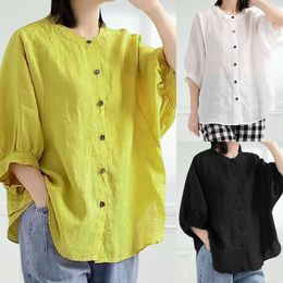 Women's Blouses Women Short Sleeve Blouse Puffed Shirt Cotton Linen Button Front Loose Top Blusa De Frio Feminina Kimonos Mujer 2023 Verano