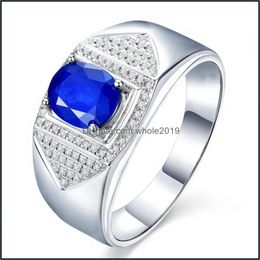 With Side Stones Vintage Sier Mens Rings Royal Sapphire Gemstone Jewellery Accessories Open Adjustable Ring Wedding Party Gift For Men Dhnwu