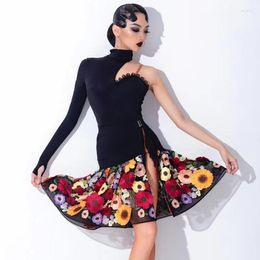 Stage Wear 2023 Latin Dance Competition Clothing For Women Sexy Single Sleeved Split Skirts Suit Rumba Tango Costumes Dress