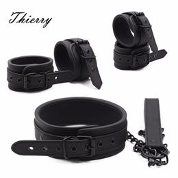 Bondage Thierry PU Leather SM Products Wrist Cuffs Ankle Neck Collar Set BDSM Sex Toys Hancuffs Cosplay Accessories 230113