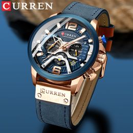 Wristwatches CURREN Men Watches Top Brand Luxury Blue Leather Chronograph Sport Watch For Men Fashion Date Waterproof Clock Reloj Hombre 230113