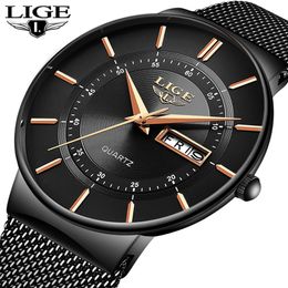 Wristwatches Mens Watches LIGE Top Brand Luxury Waterproof Ultra Thin Date Clock Male Steel Strap Casual Quartz Watch Men Sports Wrist Watch 230113