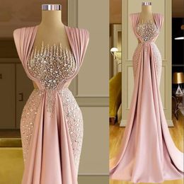 Pink Illusion Prom Neck Sleeveless Mermaid Sweep Train Sequins Crystal Beads Plus Size Evening Gowns Party Dresses Cutaway Sides