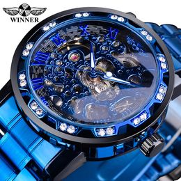 Wristwatches Winner Transparent Diamond Mechanical Watch Blue Stainless Steel Skeleton Watch Top Brand Luxury Business Luminous Male Clock 230113