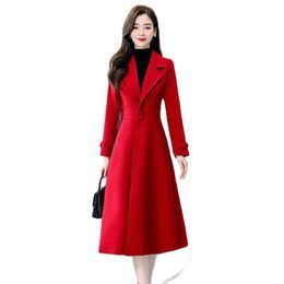 Women's Wool & Blends Elegant Long Woolen Coat Women Autumn Winter 3 Button Slim Ladies Blended Overcoat Red Black Windbreaker Outerwear W83