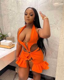 Two Piece Dress Echoine New Orange 2 Piece Set Halter Backless Mini Dress Ruffle Hollow Out Metal Ring Sexy Dresses Party Night Club Vestidos T230113