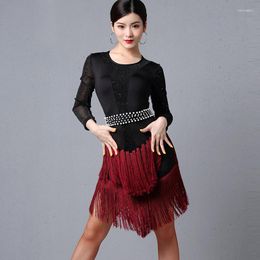 Stage Wear Ballroom Dance Competition Dresses Latin Practise For Woman Long Sleeve Sequin Tassel Charleston Dress DL4401