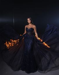 Glamorous Dark Blue Prom Dresses Strapless V Neck Party Dresses Sequined with Overskirts Custom Made Evening Dress