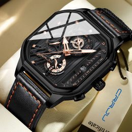 Wristwatches CRRJU Fashion Square Dial Leather Mens Watches Luxury Sport Waterproof Watch Man Chronograph Quartz WristWatches HommeBox 230113