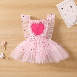 Girl Dresses Valentine Day Baby Girls Dress Cute Lovely Shiny Dots Ruffle Sleeve Lace Mesh Heart Front Romper Tutu For Infant