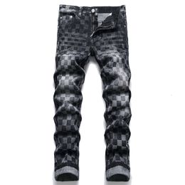 Men's Jeans Autumn Punk Fashion Checked Cotton Trousers MidWaisted Casual Pencil Pants 230113
