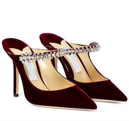 Fashion Wine-red/Black Velvet Bing Sandals Shoes Sexy Pointed Toe Crystal Straps Pumps Mules Lady High Heels Dress Party Wedding Bridal Gift With Box EU35-43