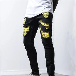 Men's Jeans Mens Stretch Casual Denim Pants Fashion Letter Patch Mid Waist Slim Fitting Stylish Ripped with Pockets for Daily 230113