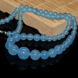 Choker 6-14mm Charms Natural Stone Jades Blue Chalcedony Round Beads Toweer Chain Necklace Fashion Jewelry 18inch B624-5