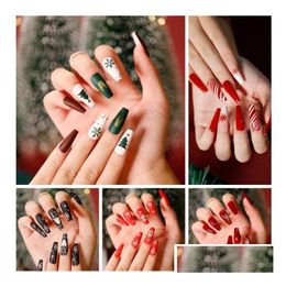 False Nails 18 Styles Red White Green 24Pcs/Box Selling Summer Fl Er Tips Christmas Design Style Long Press On Nail Drop Delivery He Dhtav