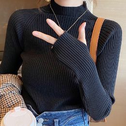 Women's Sweaters Elegant Half High Neck Knitting Sweater Korean Long Sleeve Finger Hole Pullover Casual Solid Harajuku Jumper Autumn Winter Top 230113