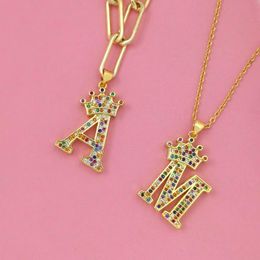 Chains Multicolor Initial Pendant Necklace Zircon Crown Charm Letter Jewellery Collier Copper Plate Chain Women Iniciales