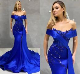 Stunning Royal Blue Mermaid Prom Dresses Elegant Off Shoulder Beads Sequins Ruffles Long Evening Gowns Custom Made Women Occasion Party Wear 2023