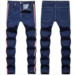 Men's Jeans Side Stripe Trousers Fashion Cotton Straight Elastic Denim Pants Classic Style Jean Hombre Male 230113