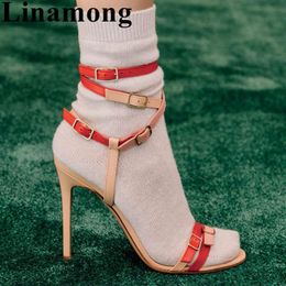 Sandals Summer Fashion Mixed Color Narrow Band Buckle Strap Sexy Thin High Heel And Open Toe Sample Women Shoes
