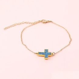 Chain Simple Resin Druzy Stone Cross Charm Bracelet For Women Bohemia Gold Plated Adjustable With Card Fashion Friendship Jewellery Dr Dhfop