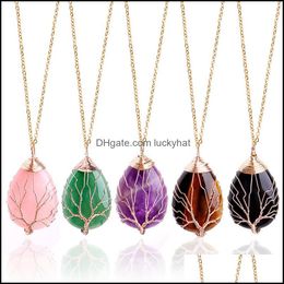 Pendant Necklaces Fashion Tree Of Life Necklace Natural Stone Gold Colour Wire Wrap Gem Pink Quartz Tiger Eye Green Drop Delivery Jew Otkr1