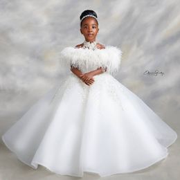 White Flower Girls Dresses for Wedding Feather Girl Pageant Dress High Neck Kids Party Prom Birthday Ball Gowns for Photoshoot