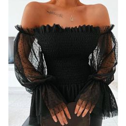 Women's Blouses & Shirts Fashion Elegant Women Mesh Spliced Shirt Tops Ruched Cropped Clothes Sexy Off Shoulder Dot Tulle Long Sleeve OL Ela