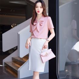 Women's Blouses Summer Ladies Pink & Shirts Women 2 Piece Skirt And Top Sets Short Sleeve Office Work Clothes