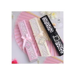 Party Favor 100Pcs/Lot Personalized Luxurious Silk Fold Hand Fan In Elegant Lasercut Gift Box Addparty Favors/Wedding Giftsaddprinti Dh0Ph