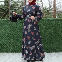 Ethnic Clothing Vintage Ramadan Eid Printed Maxi Dress Women 2023 Loose Muslim Full Sleeve Crew Neck Islamic Long Dresses Robe Abaya Dubai