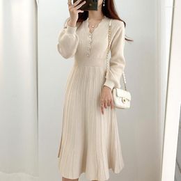 Casual Dresses Vintage One Piece Pleated Long Sleeve Slim Woman Sweater Knitted Elegant Midi Party Dress V Neck Autumn Korean