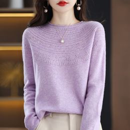 Women's Sweaters Trendy Style OneLine ReadyToWear Pure Wool Sweater Hollow Knitted Pullover Autumn and Winter Rolled Edge ONeck Top 230113