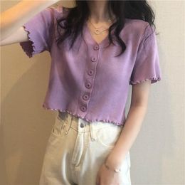 Women's Knits Cropped Cardigan Knitted V Neck Sweater 2023 Vintage Purple Outer Women's Short Thin Tops