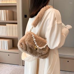 Evening Bags Fluffy Women Shoulder Bag With Pearls Chain Solid Colour Plush Soft Ladies Purses Faux Fur 2023 Winter Fashion Designer Handbag