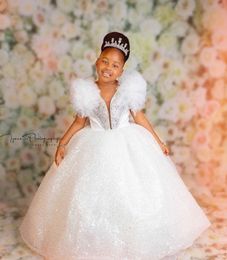 White Sequined Ball Gown Flower Girls Dresses for Wedding Girl Pageant Dress Kids Party Prom Birthday for Photoshoot