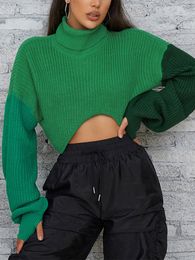 Women's Sweaters Turtleneck Cropped Knitted Sweater Thumb Hole Colorblock Patchwork Pullover Navel Lantern Sleeve Loose Jumper Fall 230113