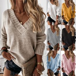 Women's Sweaters Long Knitted Autumn Oversize Sweater Winter V Neck Blue Thick Knit Pullover Sleeve White Warm 230113