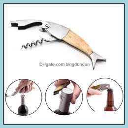 Openers Mtifunction Corkscrew Wine Opener Fish Shape Bottle 3D Wood Handle Tool Accessories Rrb14990 Drop Delivery Home Garden Kitch Oth2J