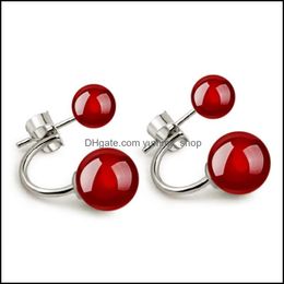 Stud Korean Women Jewellery Shiny 30 925 Sterling Sier Earrings Natural Stone Double Ball Pearl Agate Drop Delivery Otvwy