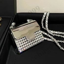 Designer Shimmer Diamond Mini Flap Bags Classic Silver Diamante Metal Lipstick Case Hardware Chain Coins Purse Wallets Luxury Dinner Shiny 33